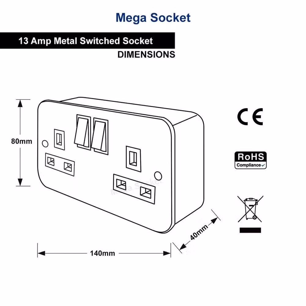 SPETLEK Metal Clad 13 Amp Double 2 Gang Switched Socket in Grey, W: 520 mm – 3