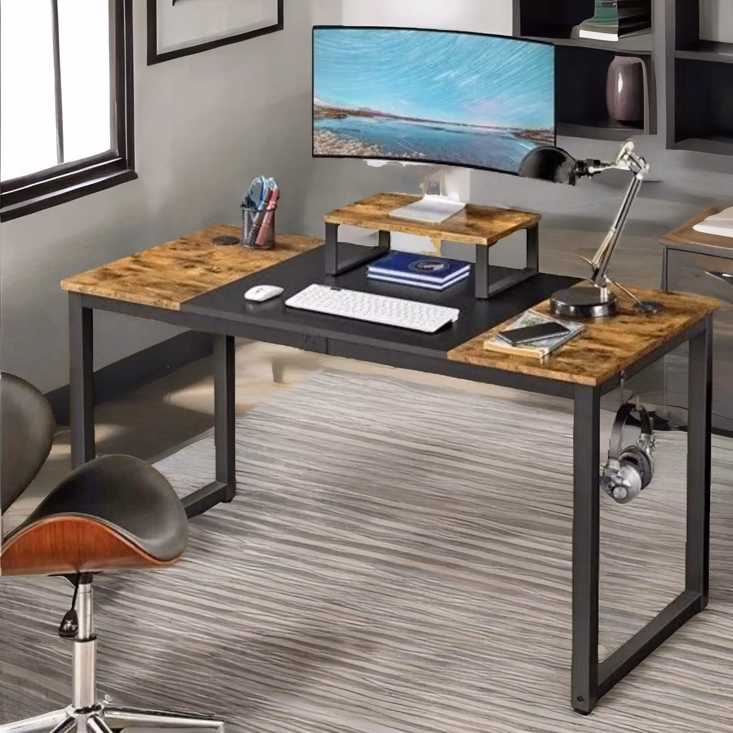 Rafaelo Mobilia Industrial Writing Desk with Moveable Monitor Mount in Brown, W: 140 cm, D: 75 cm, H: 75 cm – 2