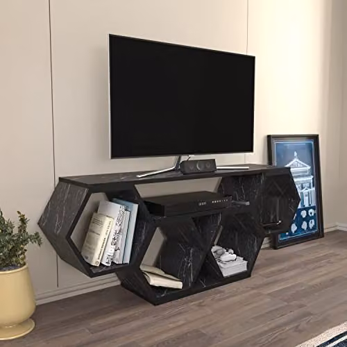 DECOROTIKA Honey Modern TV Unit with Open Storage Shelves, Black Marble Effect, W: 120 cm – 2