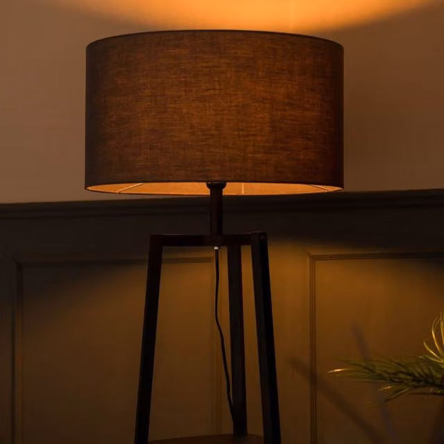 ValueLights Hiru Black 3 Tier Wooden Floor Lamp with Charcoal Fabric Drum Shade – 1
