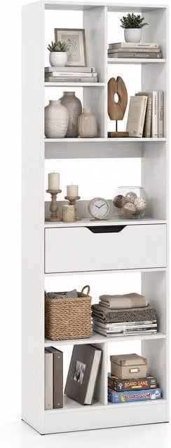 Costway Tall Freestanding Bookshelf with Drawer and Open Cubes in Brown and White