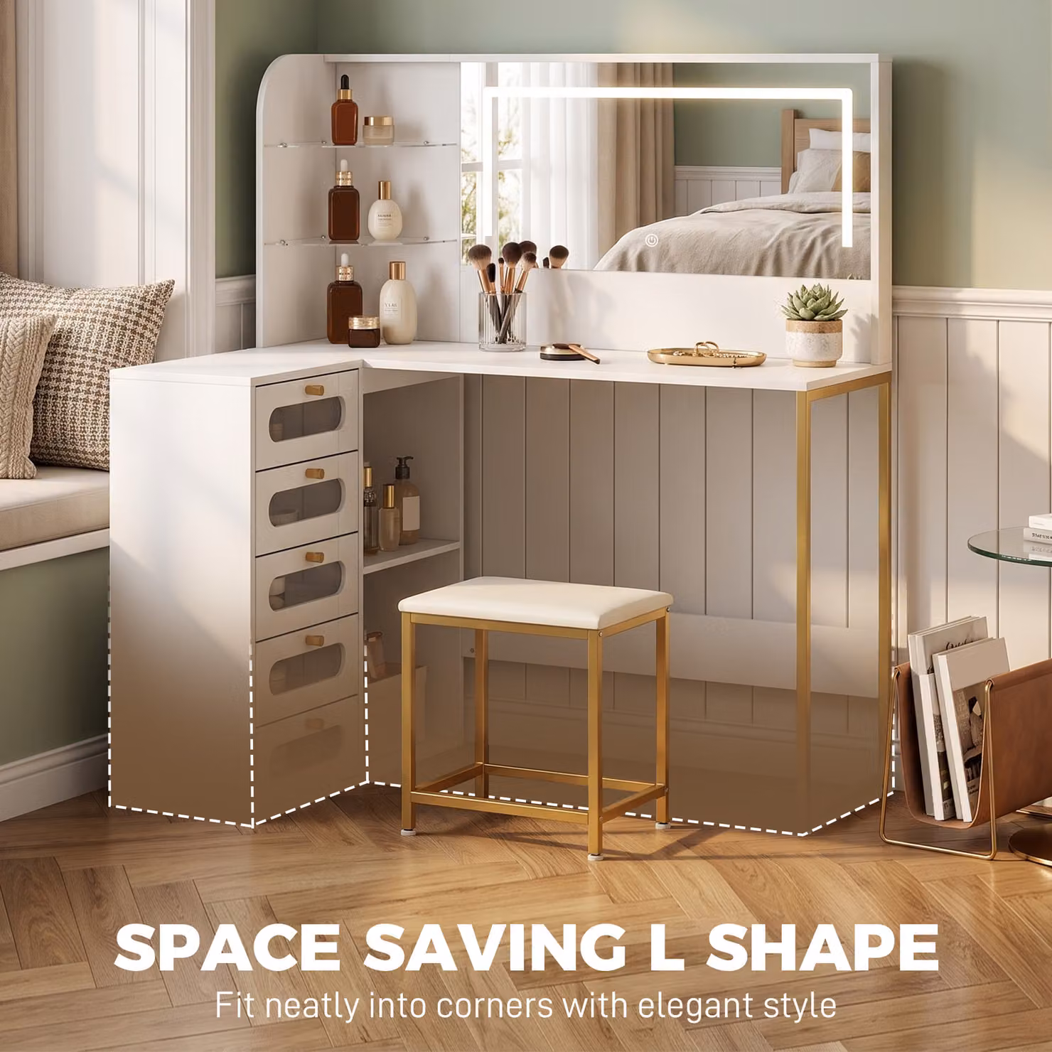 HOMCOM L-Shaped Dressing Table with LED Mirror, Stool and Drawers in White and Gold – 4