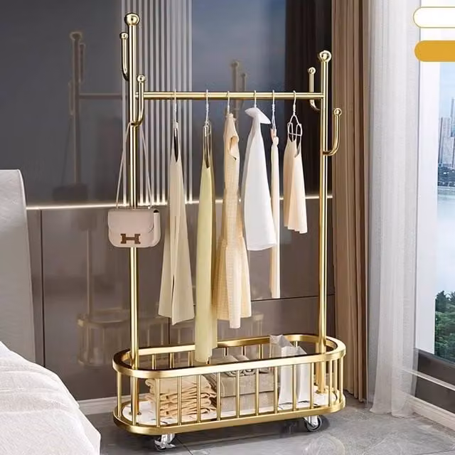 KORVIXA Gold Glossy Metal Clothes Rail with Dual Hook and Rail Matrix