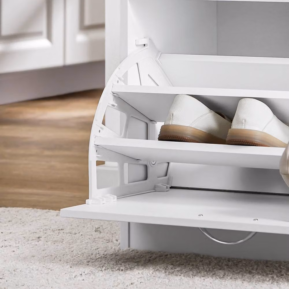 SoBuy Shoe Storage Bench in White with Fabric Seat Cushion and Flip Drawer – 3