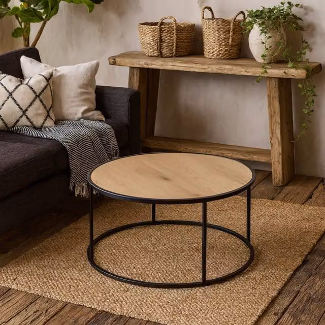 Wyld Haus El Paso Round Coffee Table in Natural Wild Oak Effect with Matt Black Steel Base, Diameter: 80 cm, Height: 45 cm – 1