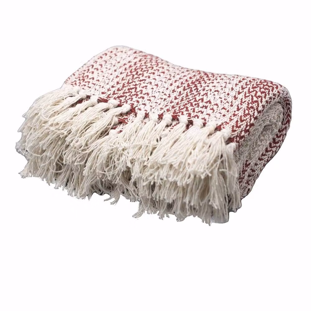Four Candle Ruby Red Two Tone Boho Woven Cotton Throw with Tasselled Fringe W: 150 cm, D: 125 cm – 2