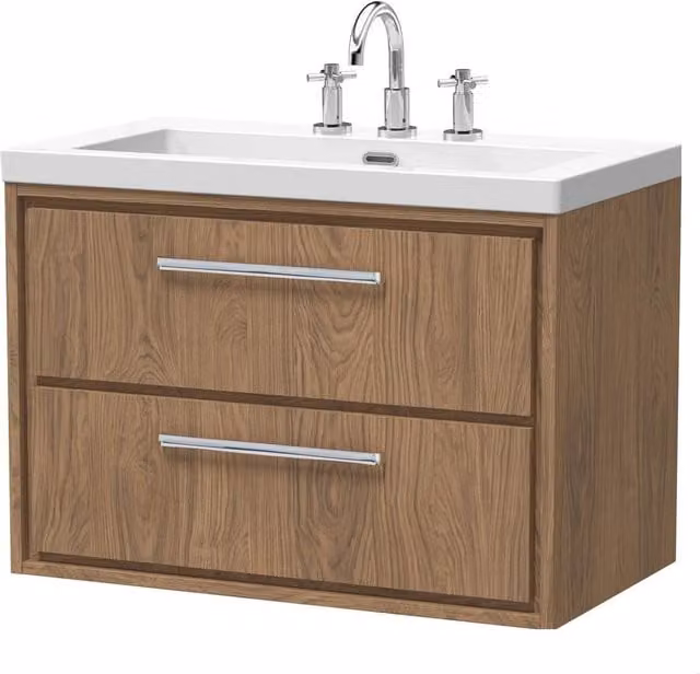 Balterley Longnor 2 Drawer Wall Hung Vanity Basin Unit in Antique Oak Brown, Width: 80 cm