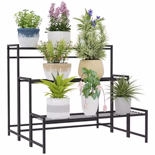 Outsunny 3-Tier Metal Ladder Plant Stand, Modern Freestanding Garden Shelf, Black, H 75 x W 70 x D 66 cm