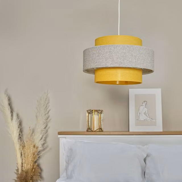 Weaver Pair of Yellow and Grey 3 Tier Fabric Cylinder Ceiling Pendant Shades
