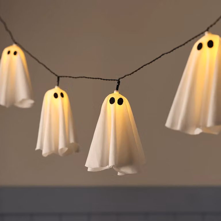 Lights4fun 10 Ghost LED Outdoor Halloween String Lights in White and Black with Warm White Light and Timer