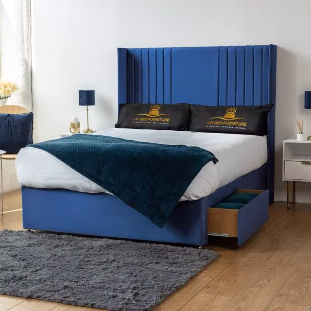 UK Bed Furniture Skyline Wingback Divan Bed with 2 Drawers and 54 Headboard in Blue Velvet, Small Double, W/D/H: 120 x 200 cm