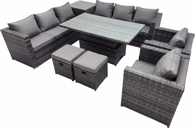 Fimous 10 Seater Outdoor Garden Rattan Furniture Set in Grey with 3 Seater Sofa, Coffee Table and Ottoman