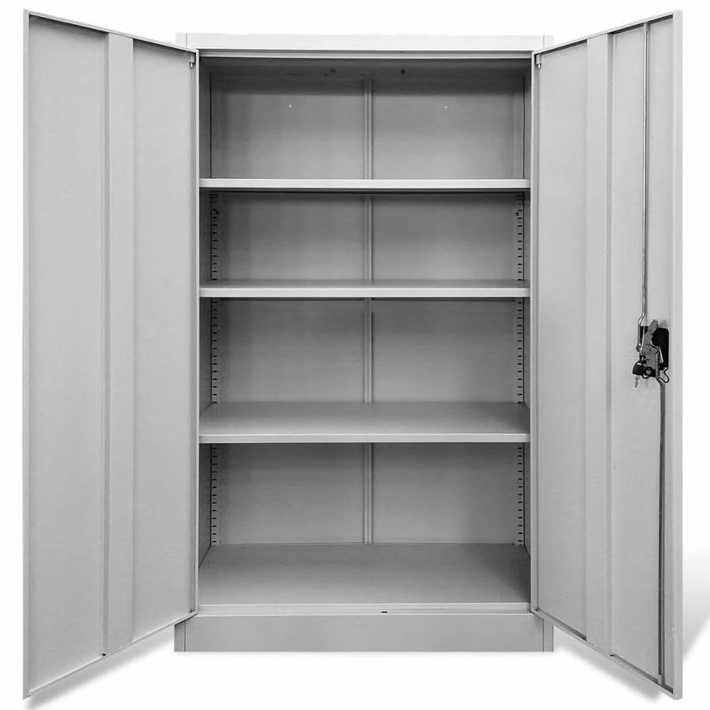 PAWNORA Metal Storage Cabinet with 2 Lockable Hinged Doors and Adjustable Shelves, Grey, H 138 x W 90 x D 40 cm – 2