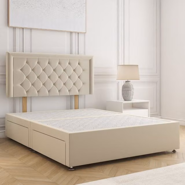 BSSPOKE Nova Plush Velvet Divan Bed with 24 inch Headboard and 4 Drawers, Beige, W/D/H: 180 x 200 cm