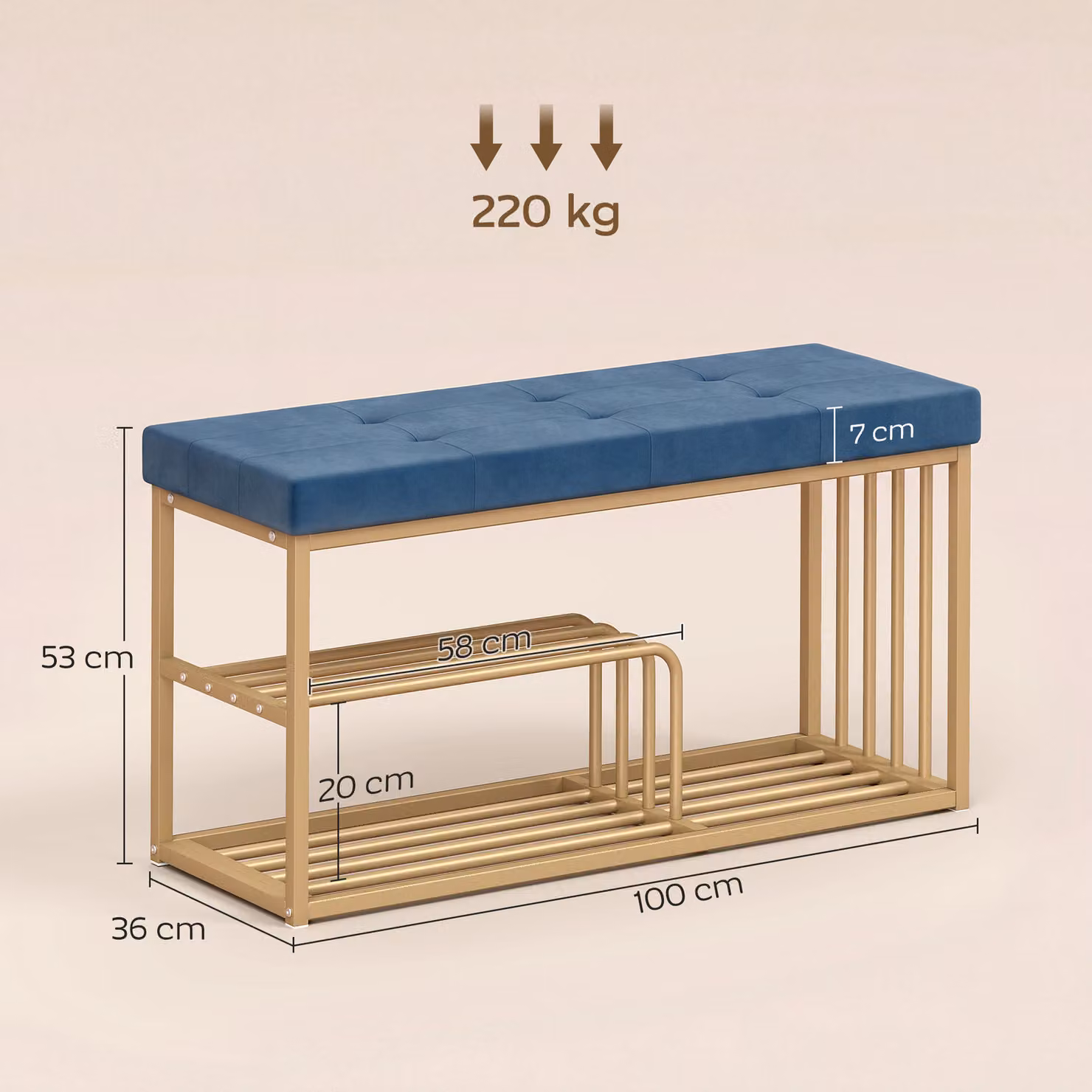 HOMCOM Tufted Velvet Shoe Storage Bench with Gold Steel Frame, Dark Blue – 3