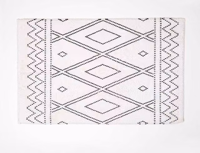 Homescapes Black and White Cotton Bath Mat with Boho Design, W: 50 cm, D: 80 cm