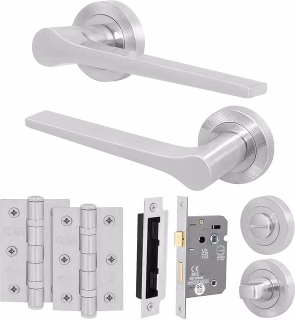AFIT Satin Nickel Bathroom Door Handle Set in Silver with Lock and Hinges – 1