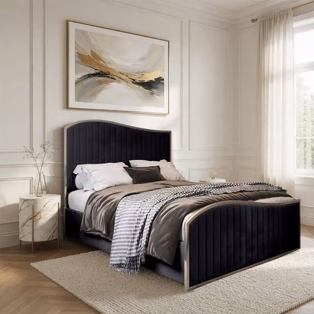 Casani Fulbeck Upholstered Velvet Designer Bed Frame in Black, W/D/H: 137 x 120 x 200 cm – 1