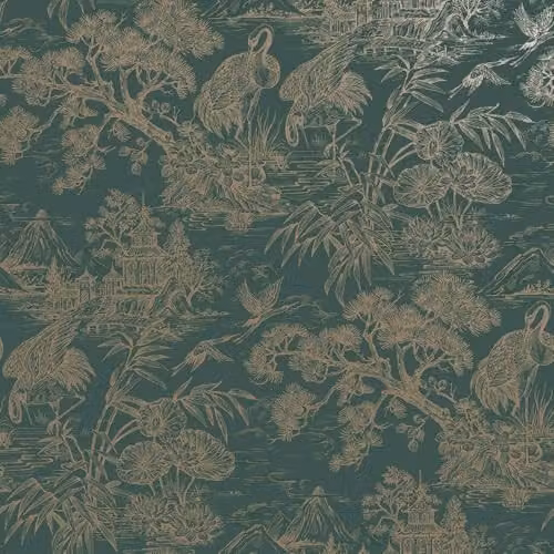 Holden Decor Crane Lagoon Aqua and Gold Oriental Floral Animal Wallpaper