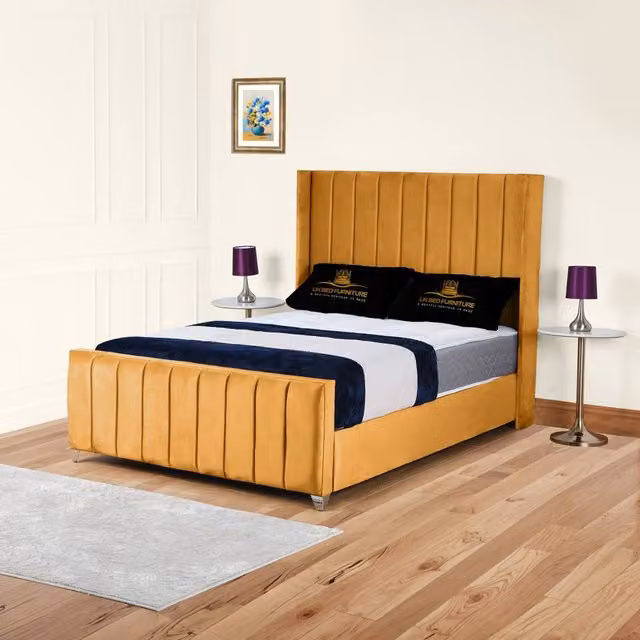 UK Bed Furniture Empire Winged Slatted Base Upholstered Velvet Bed in Yellow, Size: Super King (200 x 200 cm)