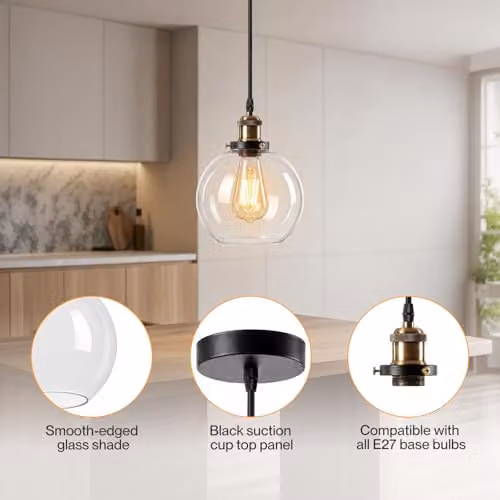 Emitto Set of 2 Industrial Glass Sphere Pendant Lights in Black with Transparent Shades and Adjustable Cables – 4