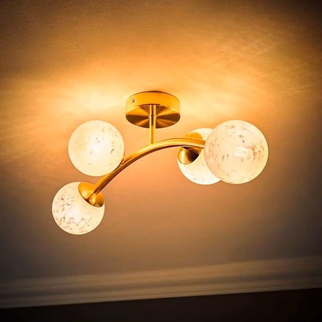 ValueLights Jas 4 Way Ceiling Light with Gold/Brass Metal and Confetti Glass Sphere Shades