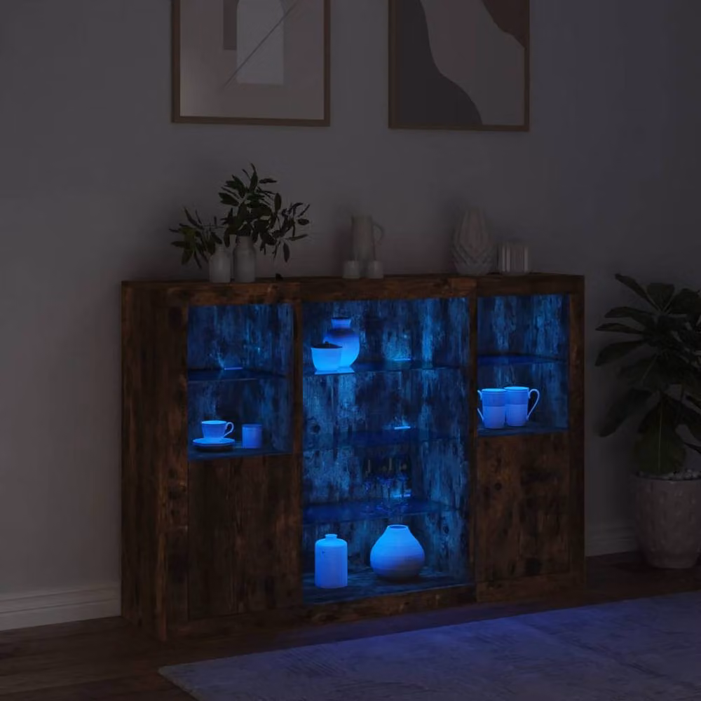 Berkfield Home Set of 3 Modern Smoked Oak Sideboards with Integrated LED Lighting in Brown – 3
