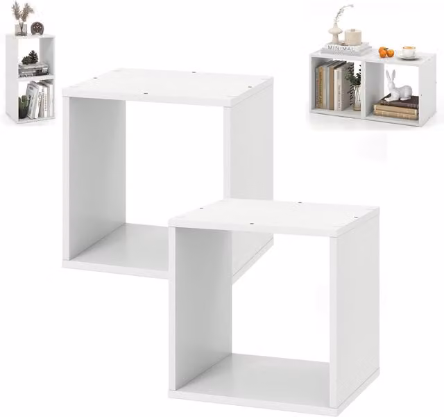 COSTWAY Stackable Cube Storage Organizer Set of 2, White Wood