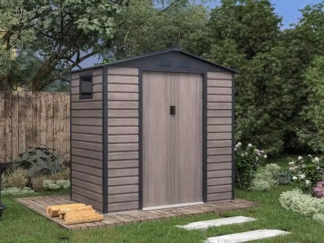Vente-unique Grey Wood Effect Galvanised Steel Garden Shed with Window and Double Doors, W/D/H: 170 x 117 x 213 cm