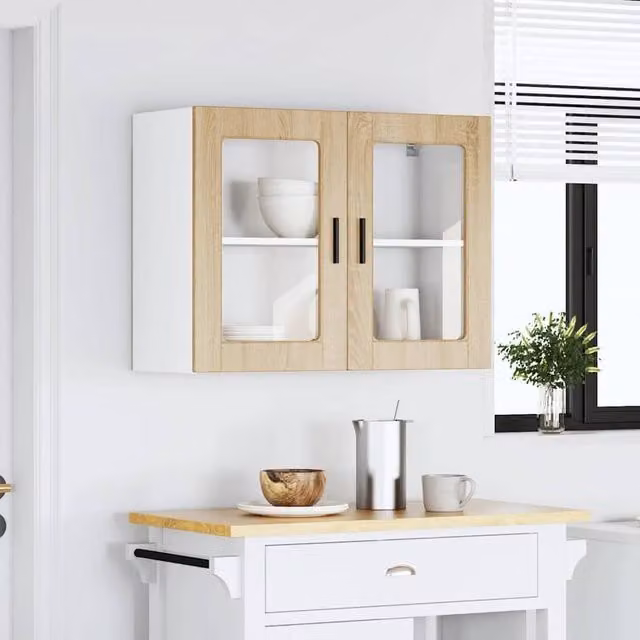 Berkfield Home Kitchen Wall Cabinet with Glass Doors in Porto Sonoma Oak and Beige, W/D/H: 60.0 x 31.0 x 80.0 cm