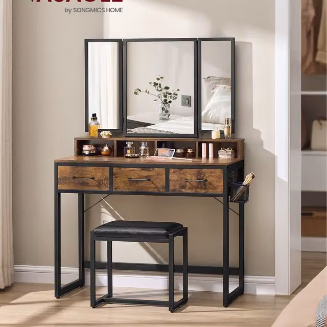 VASAGLE Vintage Dressing Table with Tri-fold Mirror and Stool Set, Brown