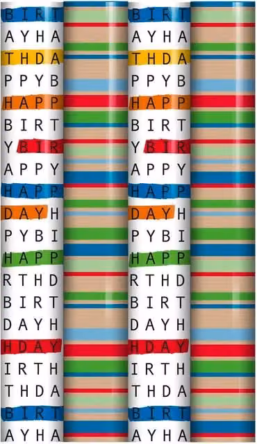 4 Rolls of Multicoloured Birthday Wrapping Paper with 2 Designs