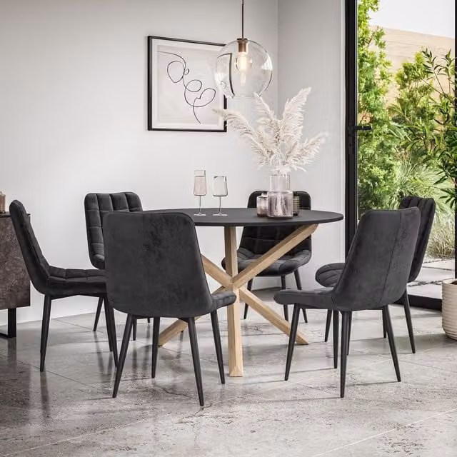 More4Homes Malvern Round Dining Table and 6 Nova Velvet Dining Chairs Set, Black Table Top with Solid Oak Legs, Diameter: 120 cm, Height: 75 cm