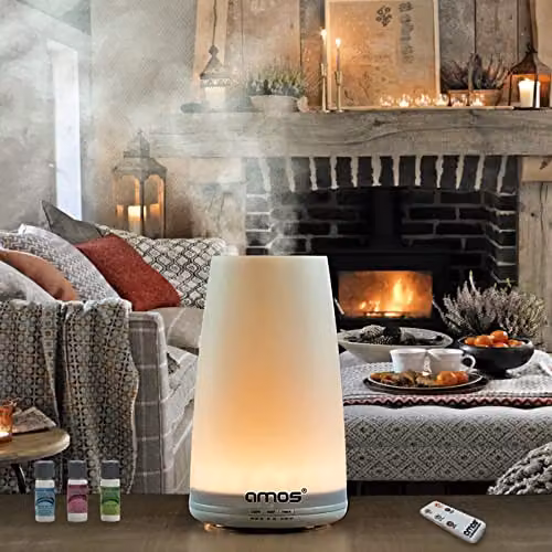 AMOS White Ultrasonic Aroma Diffuser with Remote Control, LED Light and Timer, 10 ml Capacity – 3