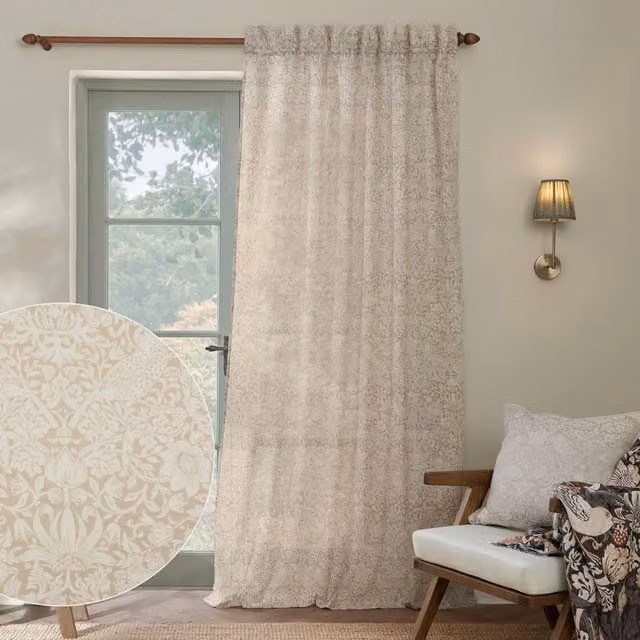 Morris & Co Strawberry Thief Sheer Floral Fabric Curtain Panel in Beige, Width: 290 cm