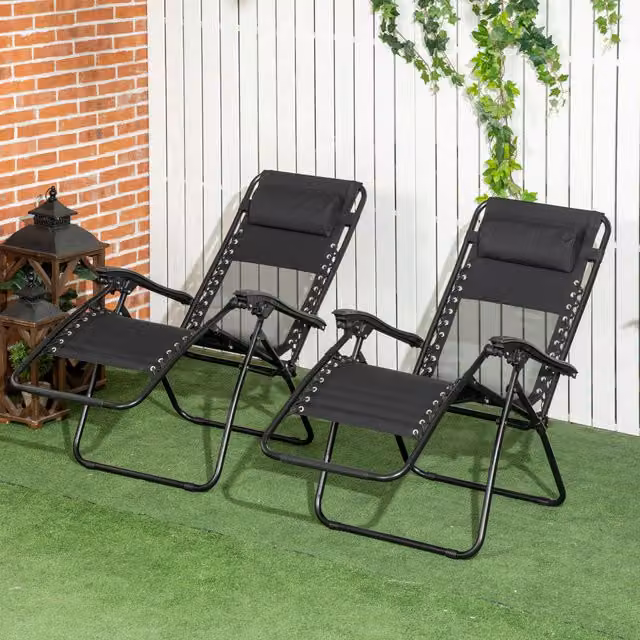 Outsunny Set of 2 Foldable Garden Recliner Chairs in Black with Textilene Fabric and Powder Coated Steel Frame