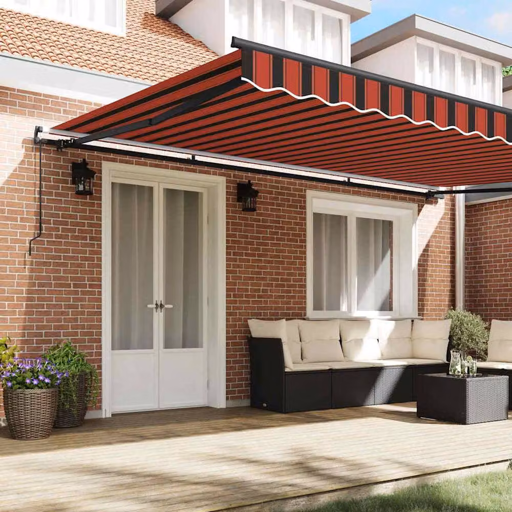 Berkfield Home Manual Retractable Wall-Mounted Awning with Folding Arms in Orange and Brown Striped Acrylic Fabric, W: 500 cm, D: 300 cm – 2