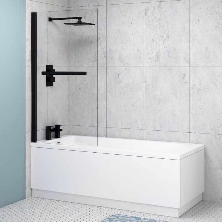 Royal Bathrooms Breeze Round Single Ended Acrylic Shower Bath in White with Black Wall Profile Screen and Rail, W/D/H: 150 x 70 x 44 cm