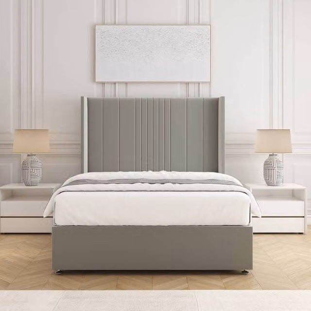 BSSPOKE Charlotte Double Divan Bed Set with 54 inch Headboard and Mattress in Silver Plush Velvet, W/D/H: 140 x 200 cm