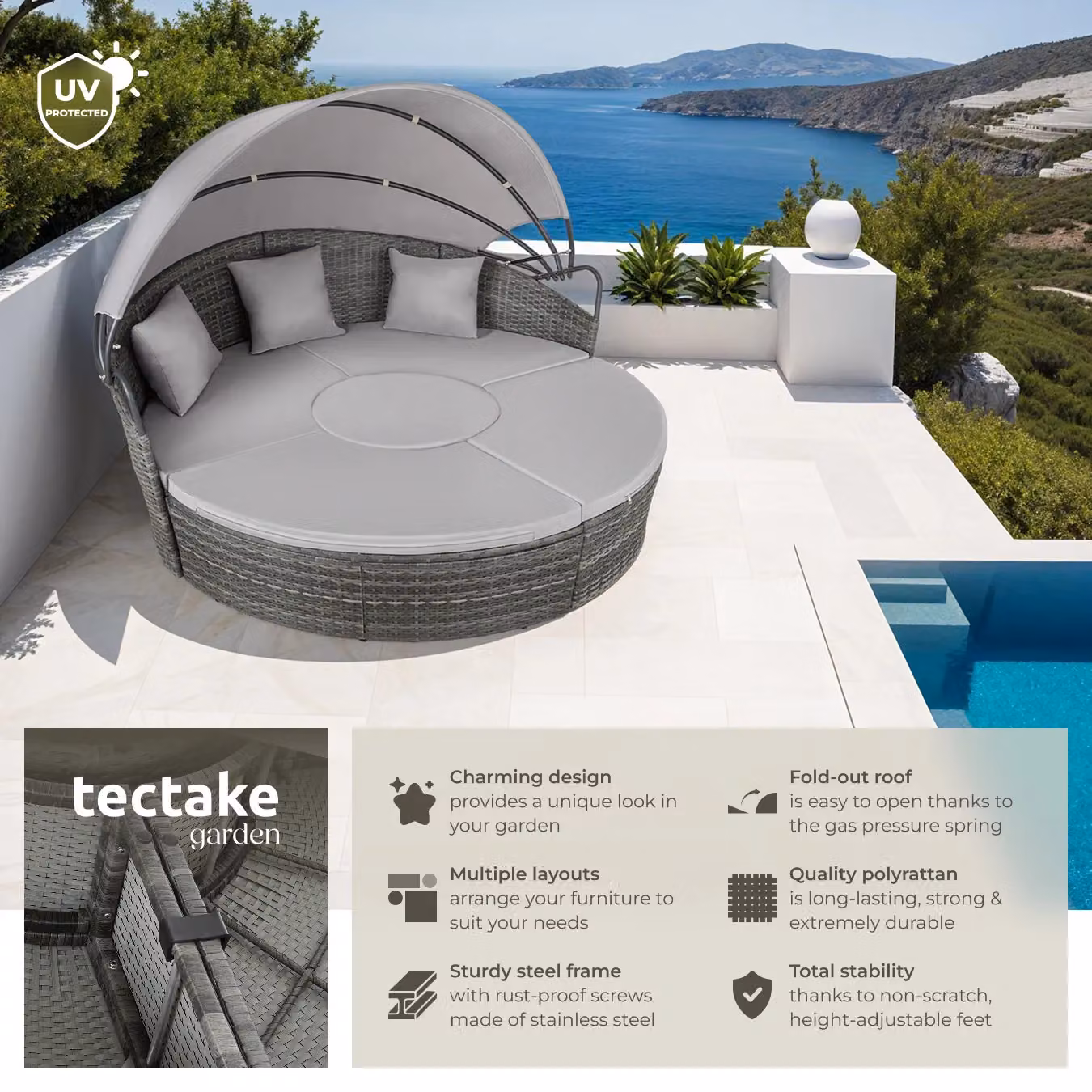tectake Santorini Modular Garden Sun Lounger Set with Shade Canopy in Grey for 4 Adults – 2