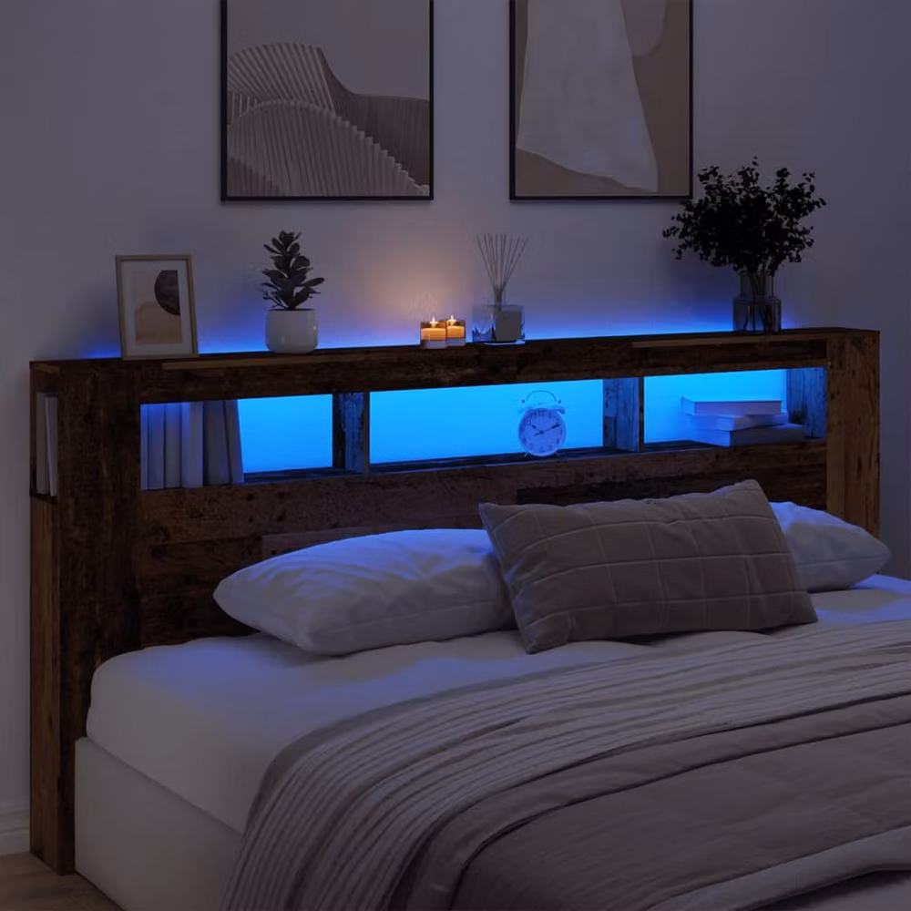 Berkfield Home LED Headboard in Old Wood Brown, W: 220 cm, D: 18.5 cm, H: 103.5 cm – 2