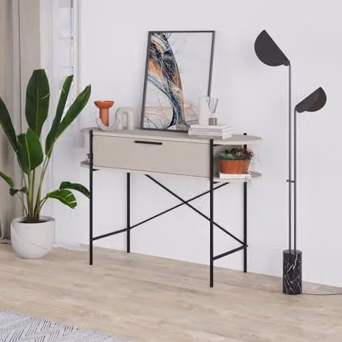 FWStyle Otis Console Table in Matt Sandstone with 1 Drawer and 2 Shelves, Black Frame – 2