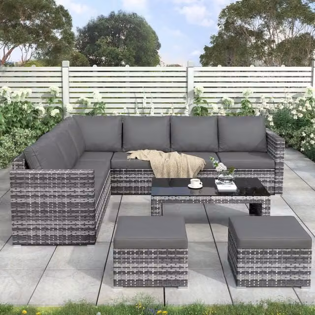 AKA Grey Polyrattan L-Shape Garden Corner Sofa Set with Coffee Table and 2 Ottomans
