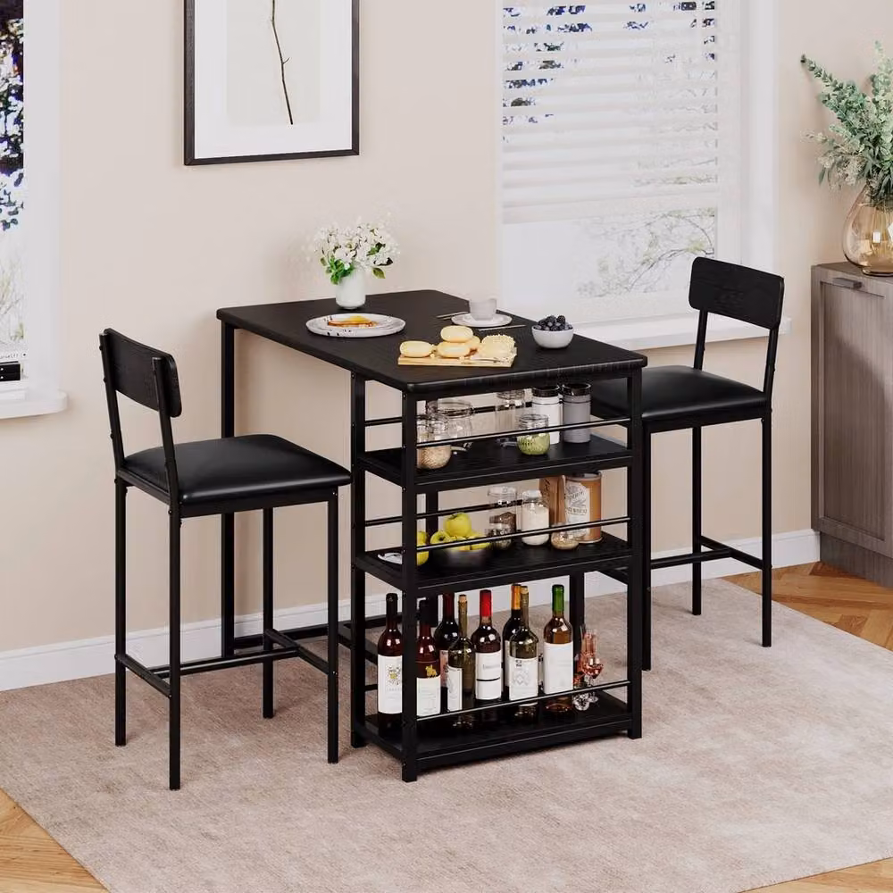 VOGREX 3 Piece Modern Rectangular Counter Height Kitchen and Dining Table Set with Upholstered Chairs in Black – 3