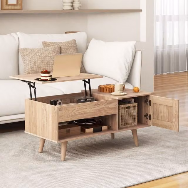 Costway Lift Top Coffee Table with Storage in Natural Wood Finish
