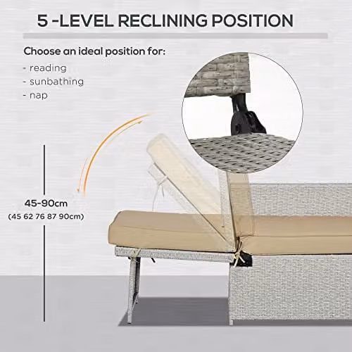 Outsunny 5-Piece PE Rattan Sun Lounger Set with Adjustable Recliner, Storage Side Table and Footstools in Beige – 5
