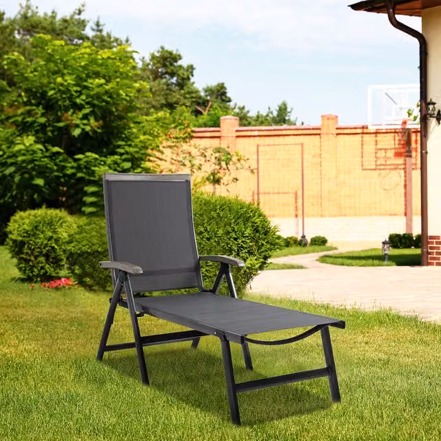 Outsunny Adjustable Folding Chaise Lounge Chair with Armrests in Dark Grey