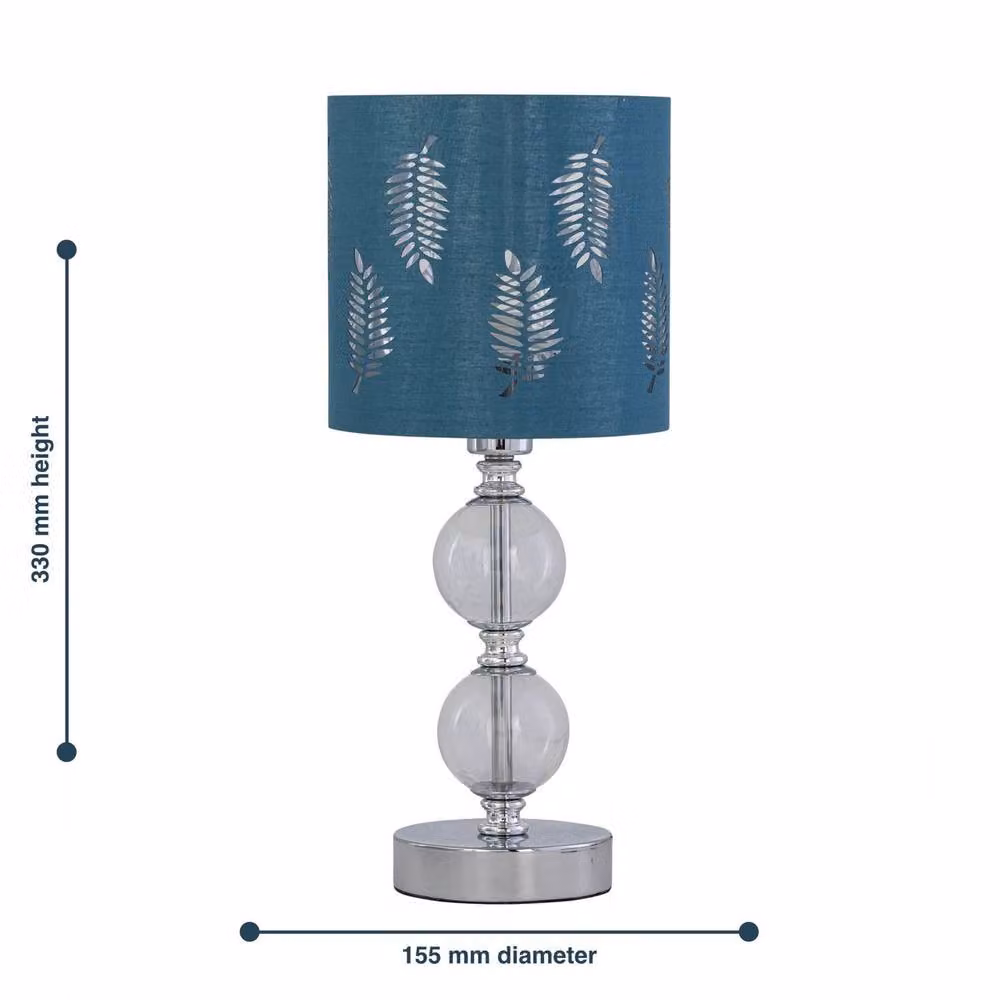 First Choice Lighting Chrome Two Ball Table Lamp with Teal Fabric Fern Shade in Silver – 5