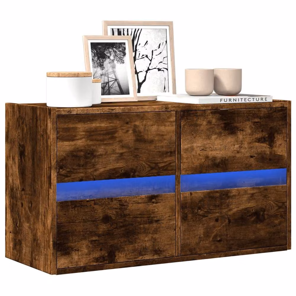 Berkfield Home TV Wall Cabinet with LED Lights in Smoked Oak Brown, W/D/H: 80 x 31 x 45 cm – 2