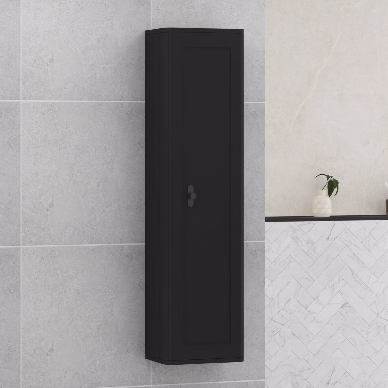 Royal Bathrooms Henley Matt Nocturne Black 1-Door Wall Hung Tall Boy Cabinet Unit with Matt Black Knob, Height: 139 cm